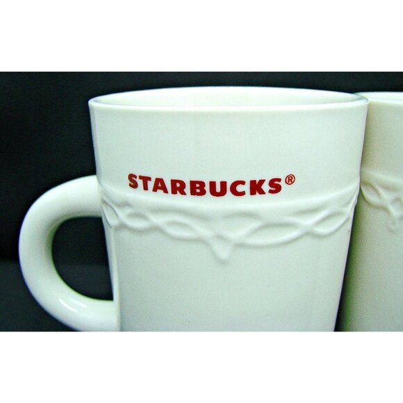 Set of Starbucks 2010 Embossed Lace 10 oz Coffee Tea Mugs Cups White Red Set 2 - Picture 2 of 9